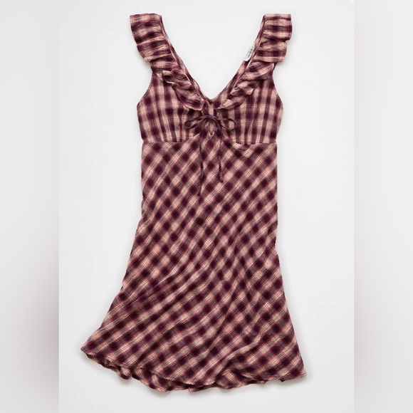 NWT AE Burgundy Ruffle Tie-Front Mini Dress - Picture 3 of 4